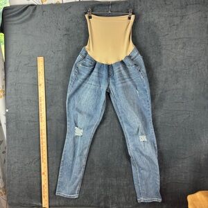Indigo Blue Wide Panel Maternity Blue Jeans with Distressed Details Sz L